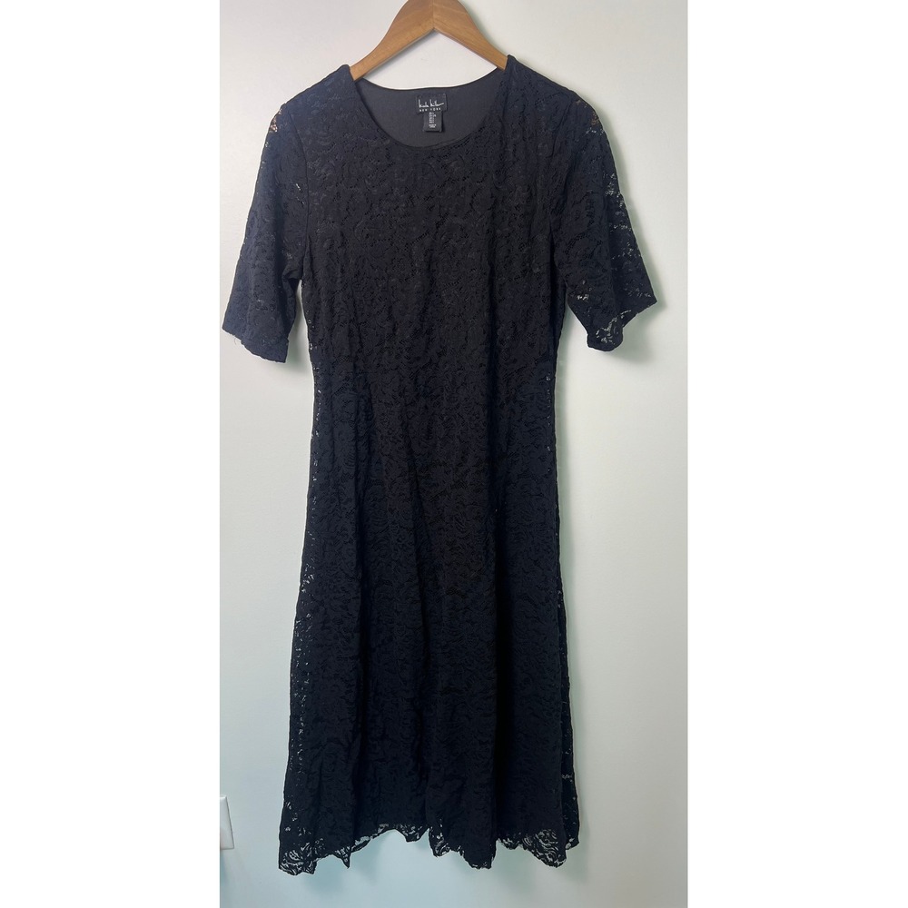 Nicole Miller Lace Sheath Midi Dress LG Black Short Sleeve Whimsigoth Witchy Y2K